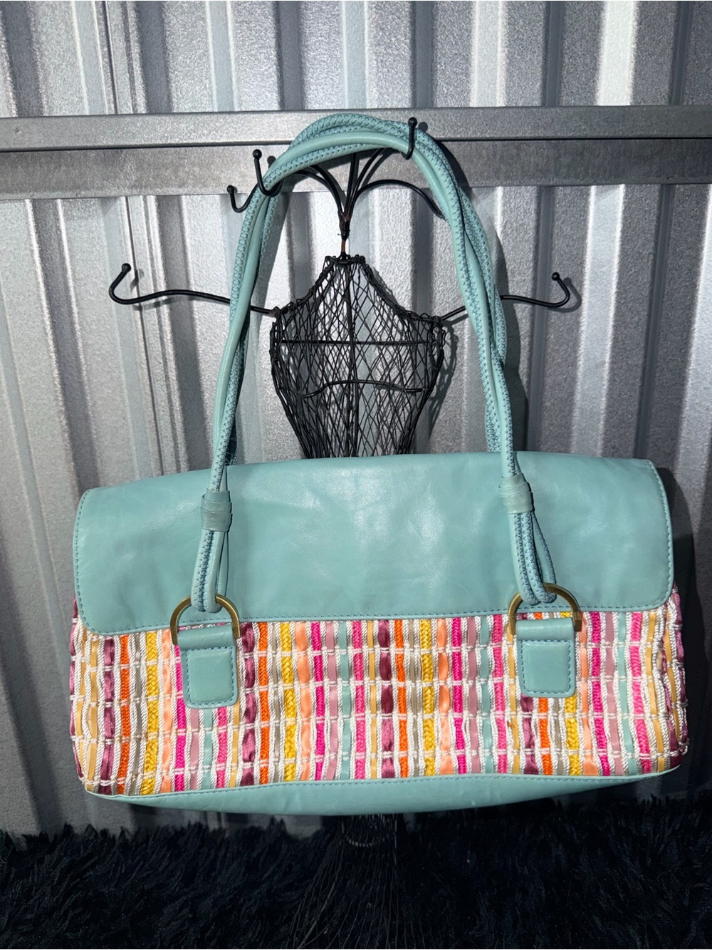 VTG Sigrid Olsen Multicolor Woven Ribbon Leather Shoulder Bag Y2K Boho Pastel